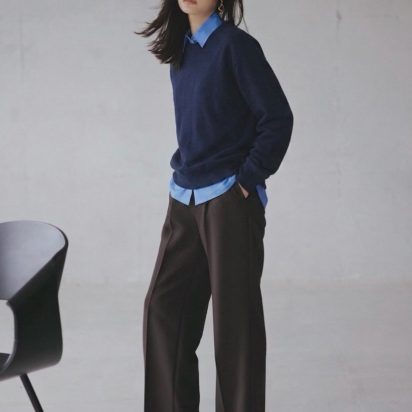Mila Owen Navy Blue Sweater Women Japanese Brand Knitwear Long Sleeve Crewneck Plain Casual Top Prel