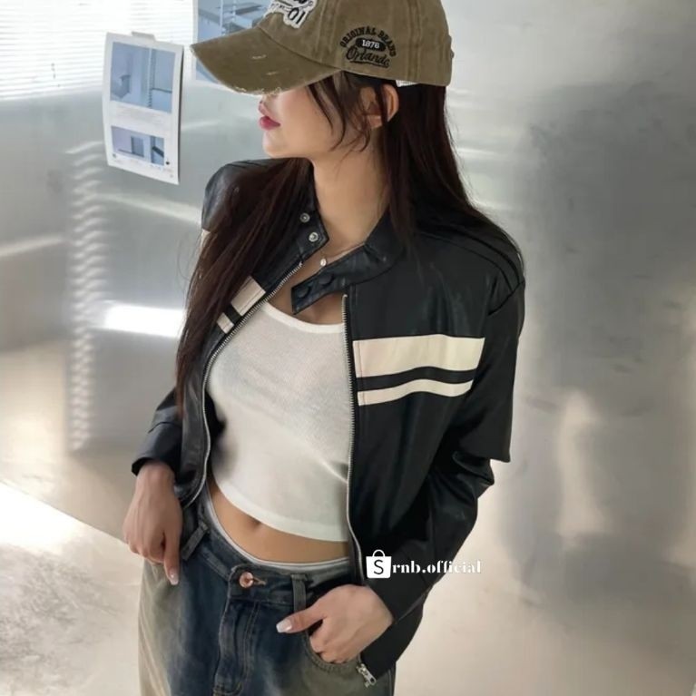 Jaket kulit wanita terbaru koreaan style setrip putih,leather jacket women