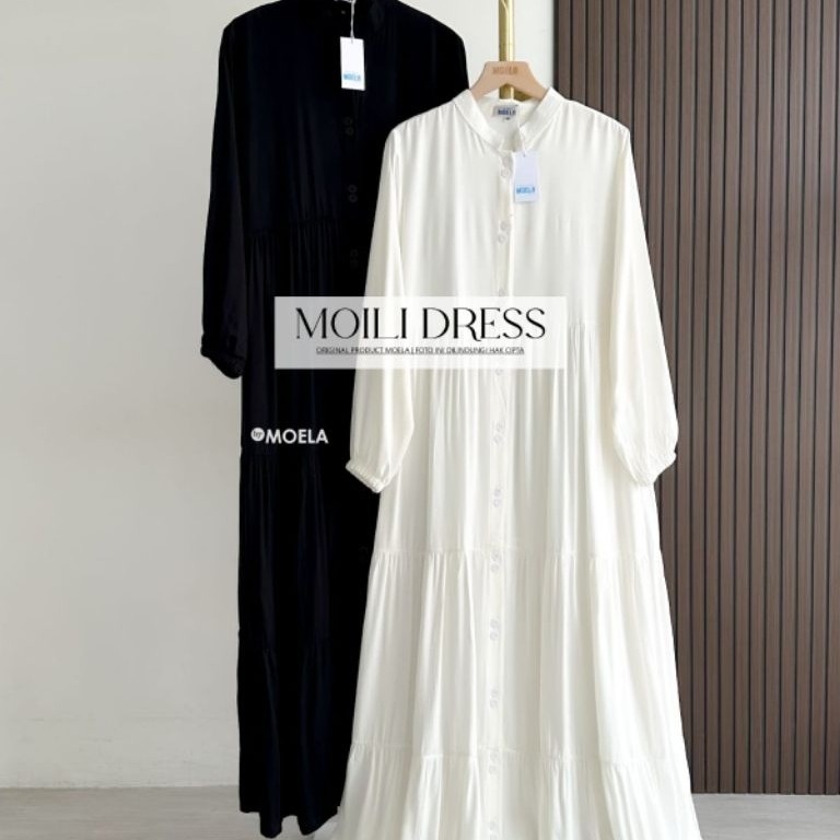 MOILI GAMIS WANITA HITAM PUTIH BAHAN RAYON MOTIF POLOS BY MOELA