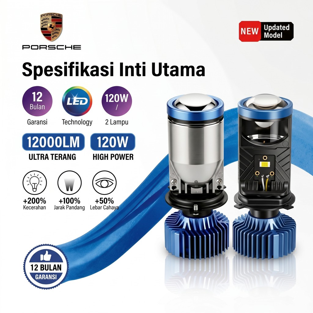Lampu LED Porsche H4 12000 Lumens Super Terang Cocok Semua Cuaca & Jalan Gelap