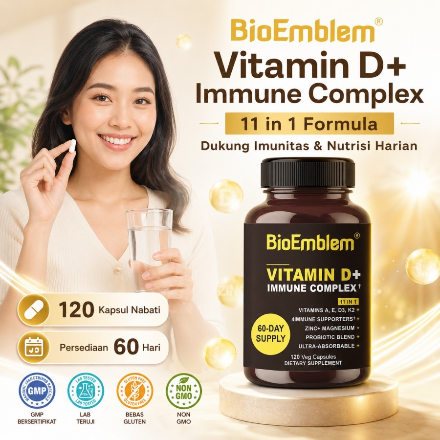 BioEmblem Vitamin D Plus Immune Complex 11 in 1, 120 Kapsul Veg, Vitamin A E D3 K2 Zinc Magnesium, M