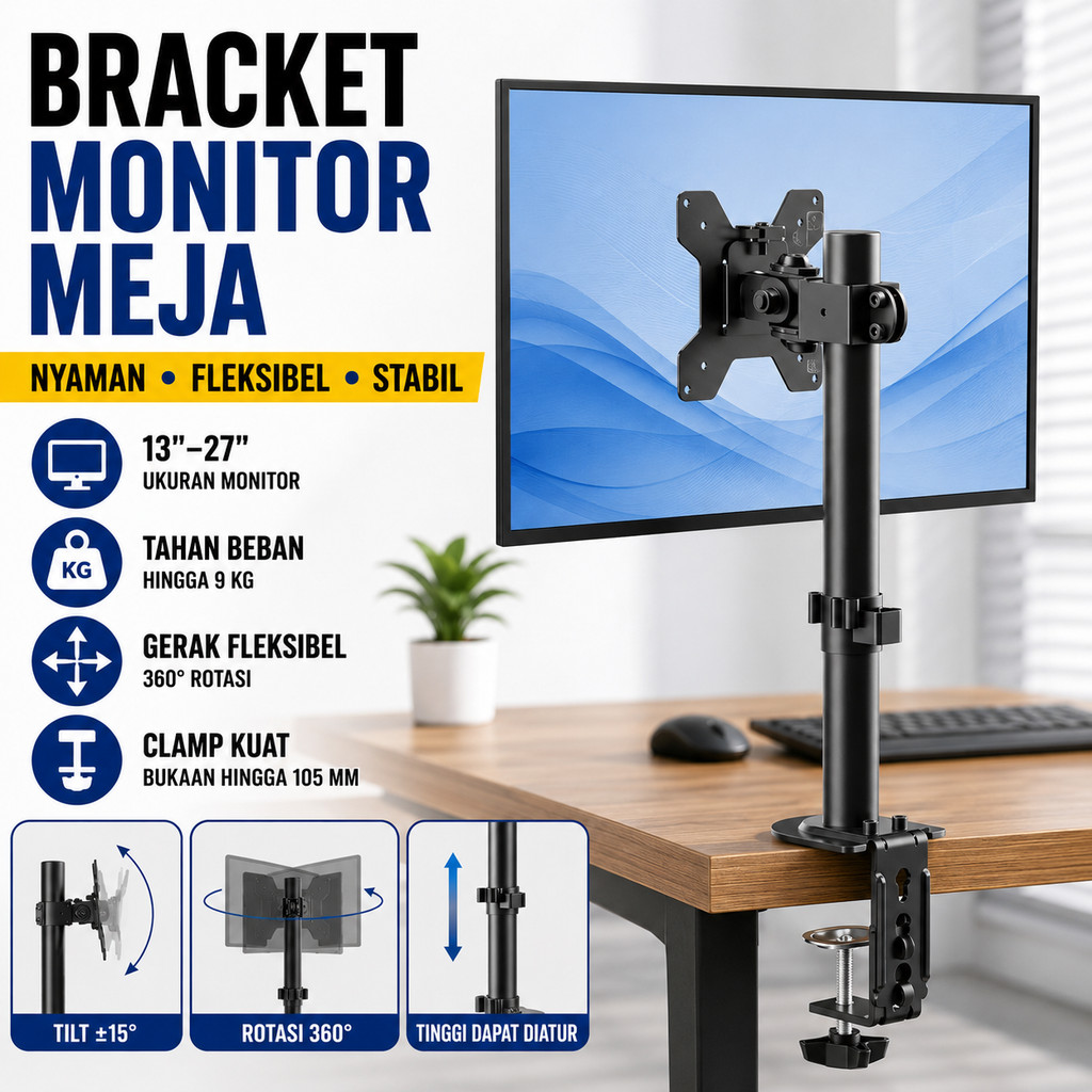 Bracket Monitor Meja Gas Spring Desk Mount Clamp Stand TV Monitor Led Lcd 13 Sampai 27 Inch VESA 75 