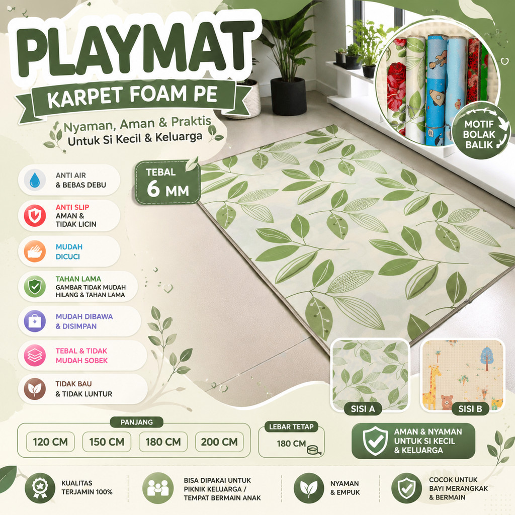 Tikar Karpet Foam PE Spons Jumbo Tebal 6mm 200, 180, 150, 120 cm Mat Motif Karakter Bolak Balik Spon