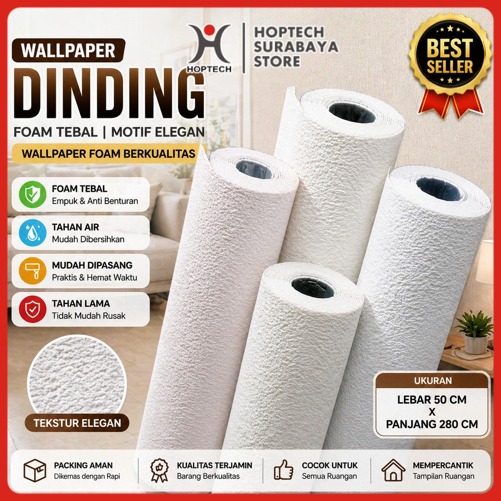 Hoptech - Wallpaper Dinding Linen Roll Wallpaper foam Dekorasi Kamar wallpaper coral A12