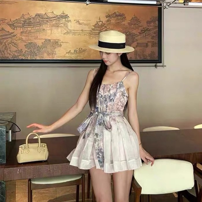 [READY] dress tali wanita gaya manis Prancis dengan motif bunga dan pita kupu-kupu, memberi kesan el