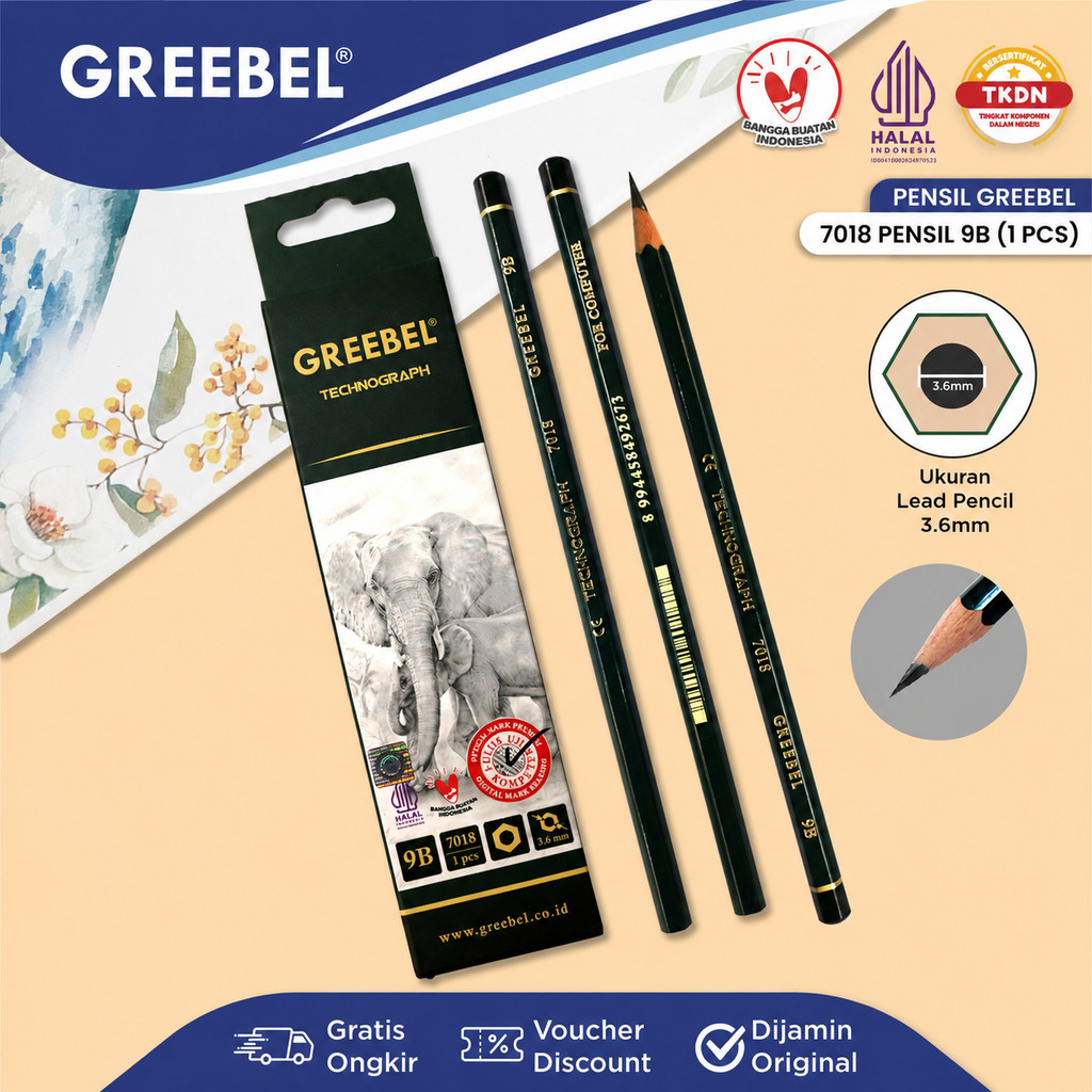 GREEBEL Pencil Pensil Graphite 9B 1 Pcs (Satuan) Pensil Gambar Arsir Tebal Sekolah Kantor 7018 Grade