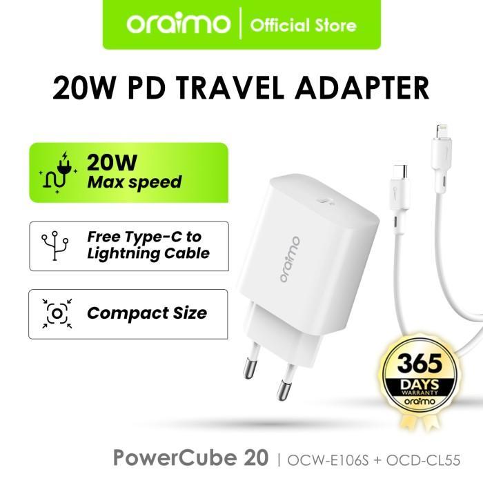 Charger Oraimo OCW-E106S + CL55 Charger Travel 20W Type-C to Lightning Ultra Speed
