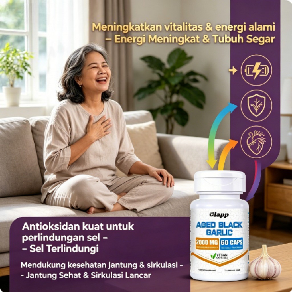 Clapp Black Garlic Extract Tanpa Bau & Lembut Tingkatkan Daya Tahan Tubuh & Energi Pagi Hari 60 Kaps