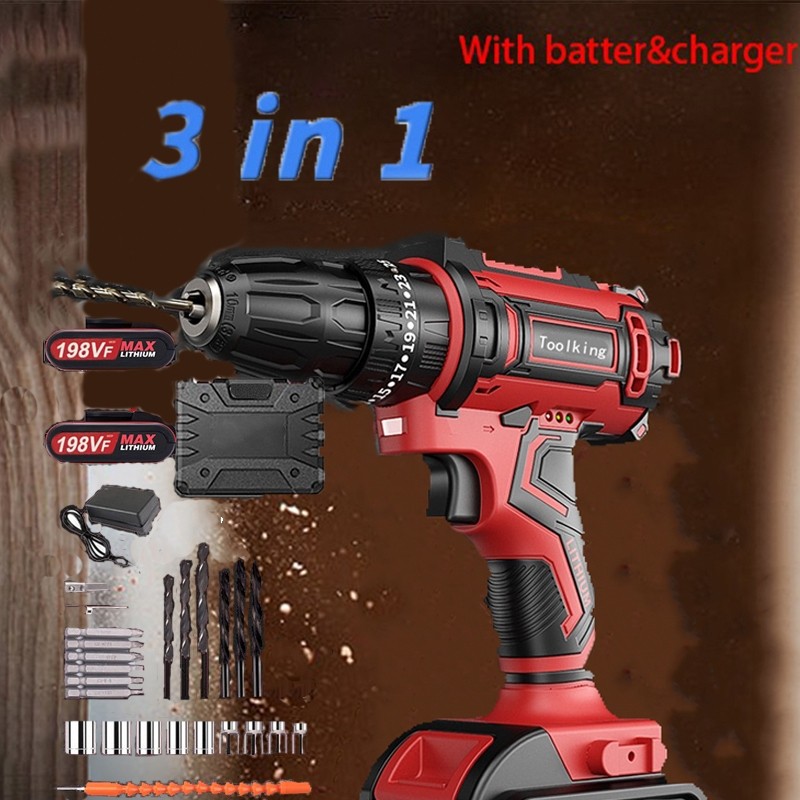 Bor Listrik 1 Set Lengkap 198VF 10mm Reversible/ Bor Listrik Modern Tanpa Kabel Cordless Real 68VF/ 