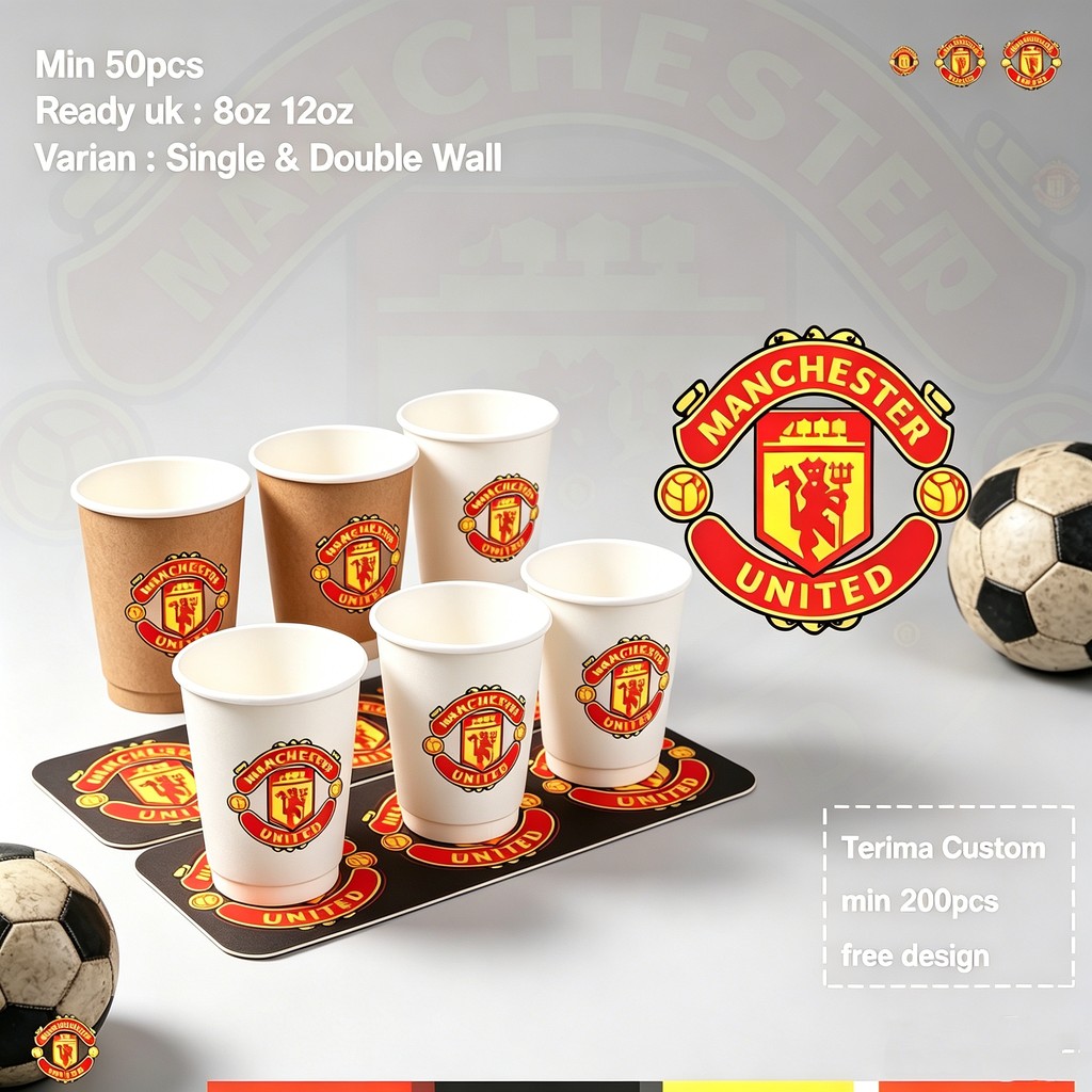 World Cup Paper Cup | Printing Logo Manchester United 8oz 12oz | Single & Double Wall | Tahan Panas 