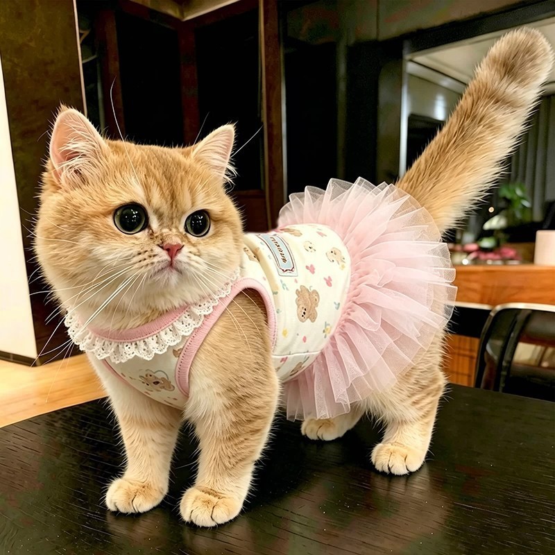 [Hewan Peliharaan Lucu] Gaun warna merah muda dengan pita renda emas gradasi, boneka kucing putri bu