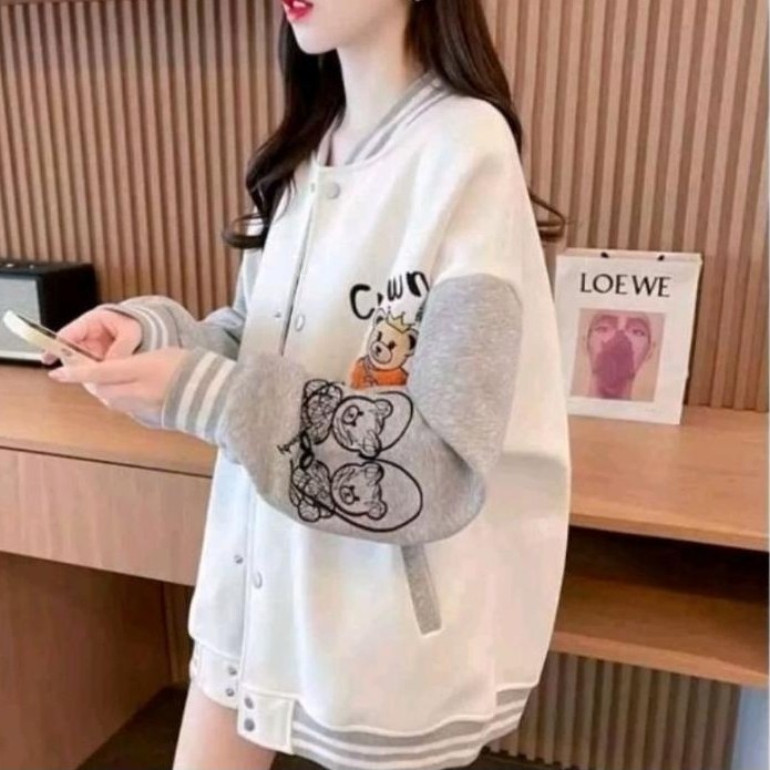 Free Ongkir Crown Bear Jaket Baseball Varsity Wanita | Jaket Varsity Gaya Korea