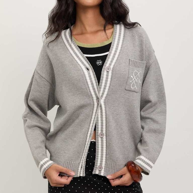 Pomelo. - Oversized Stripe Trim Cardigan - Light Grey