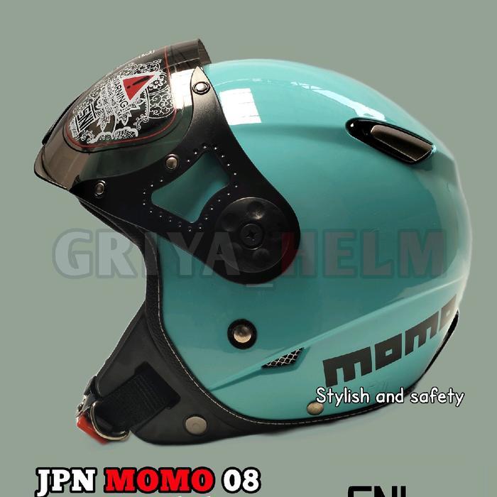Helm jpn momo kaca pilot warna sky blue glossy