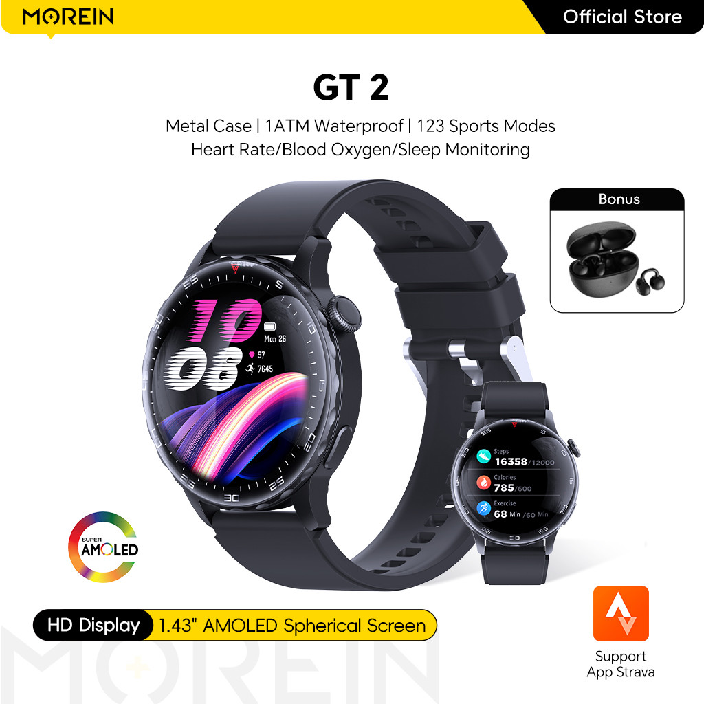 Morein Plus GT2 Jam Smartwatch 1.43'' Amoled Display AOD Metal Case Bluetooth Call 100+ Sports Modes