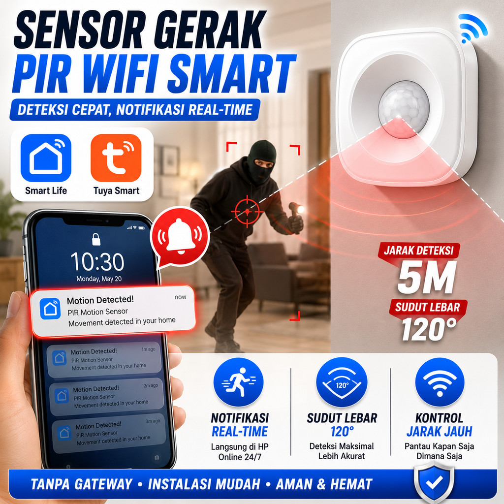 Sensor Gerak PIR WiFi Smart Online Notification Detected App Tuya Human Motion Detector 120° Jarak 5