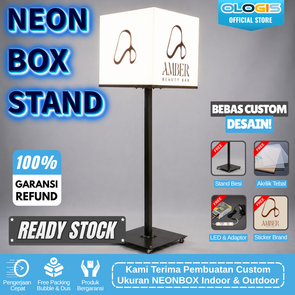 (PAKET KOMPLIT) Light Neon Box Kubus Cubic 3D Full Akrilik 30 40 50 CM Plus Tiang Standing Minimalis