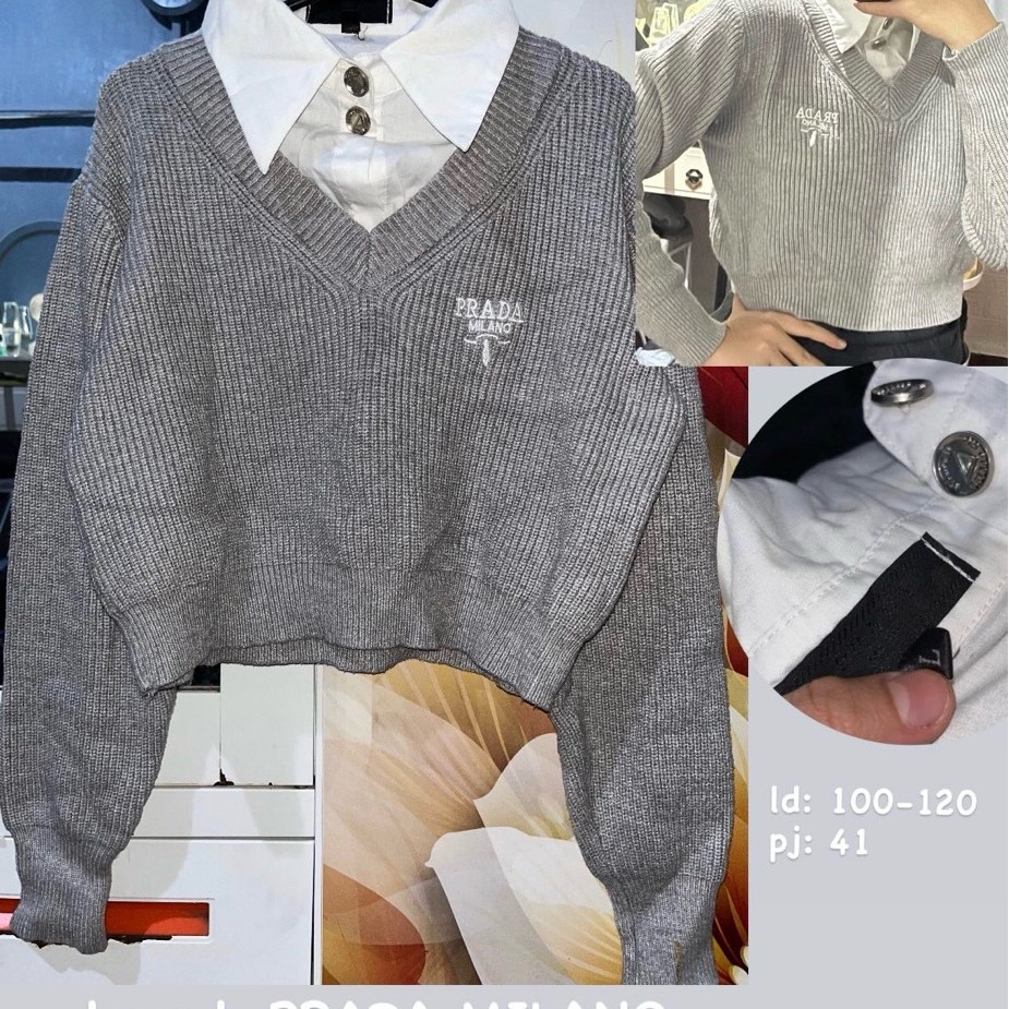 atasan wanita sweater crop rajut kepang kemeja kerah prada milano