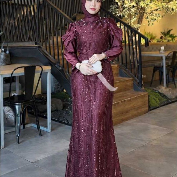 Diandra Dress Gamis Lebaran Gaun Pesta Satin Velvet Kombinasi Brokat Tille Premium