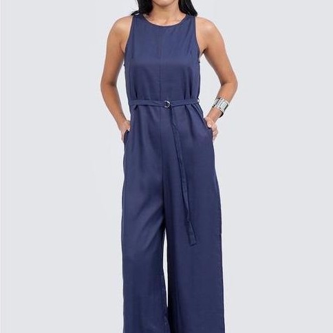 ET CETERA Round Neck Sleeveless Jumpsuit DARK BLUE