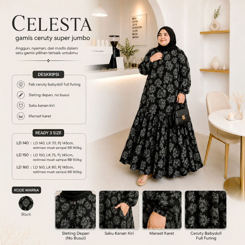 Dress Mewah Jumbo Celesta Gamis Ceruty Babydoll BB 100 - 160 kg LD140 LD150 LD160 Baju Pesta Wanita