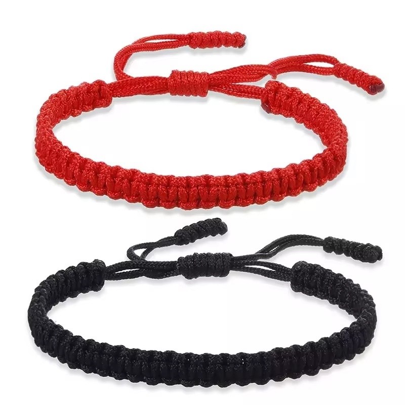 Gelang Tali Kepang Buatan Tangan Merah Hitam Buddha Tibet Tali Anyaman Jimat Keberuntungan untuk Wan