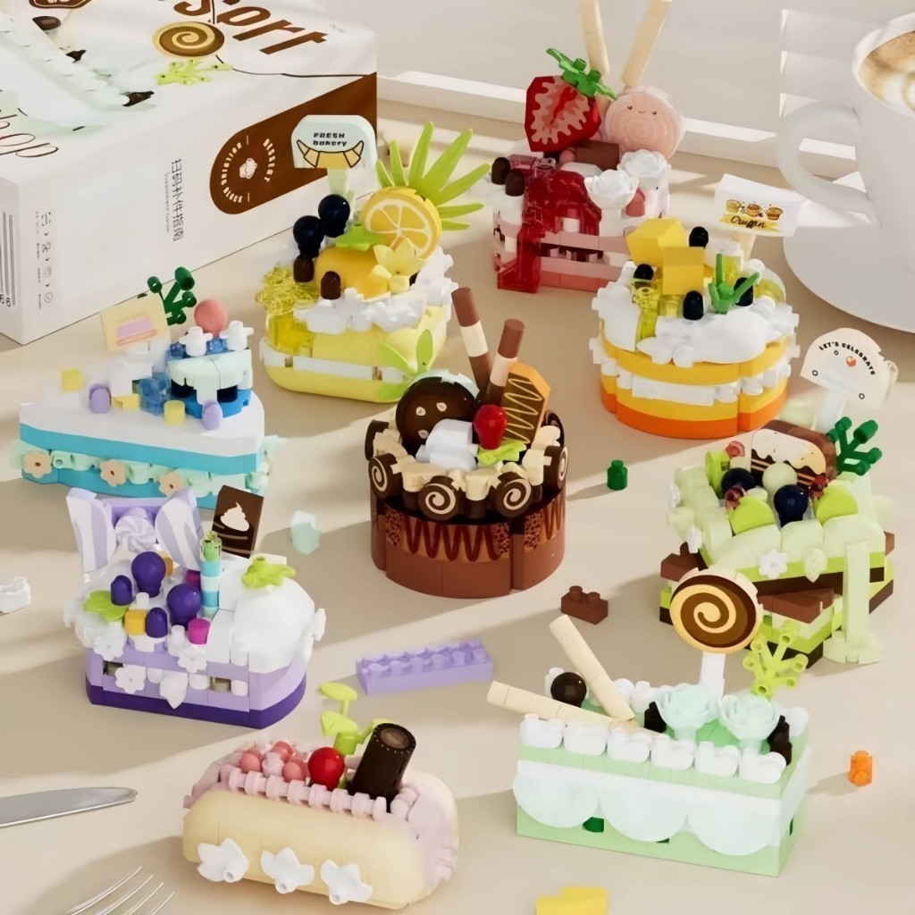 Mini Street View DIY bangunan bata 3D permen manis toko kue seri garam laut keju burger model peraki