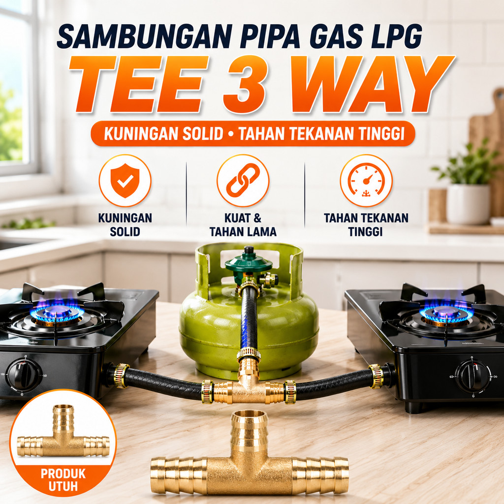 Sambungan Pipa Gas LPG  3 Cabang Selang Ganda 2 Tungku Kompor T Piece Hose Connector 3 Way Brass Kun