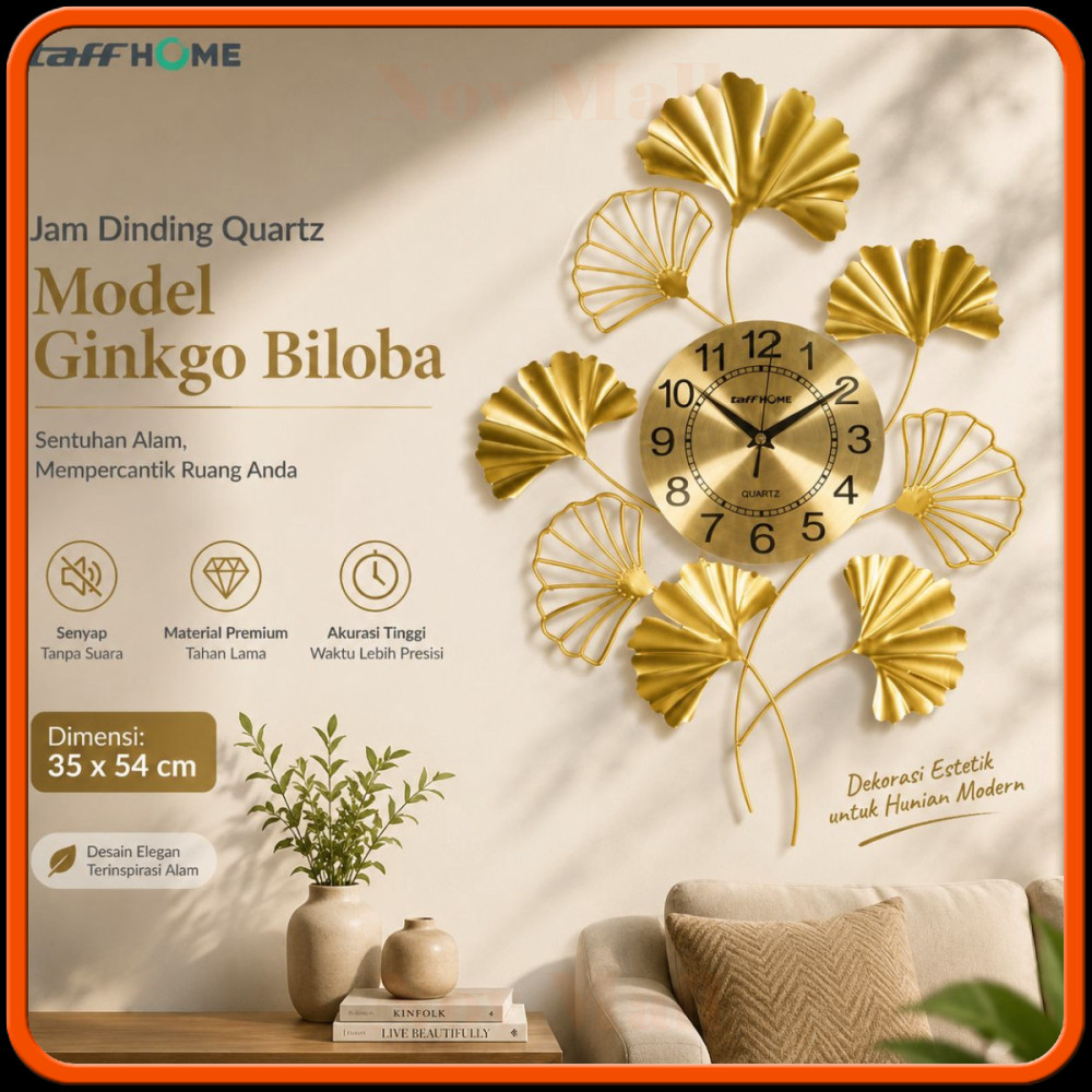 TaffHOME Jam Dinding Besi Ginkgo Biloba Silent Movement 54cm - MW-35