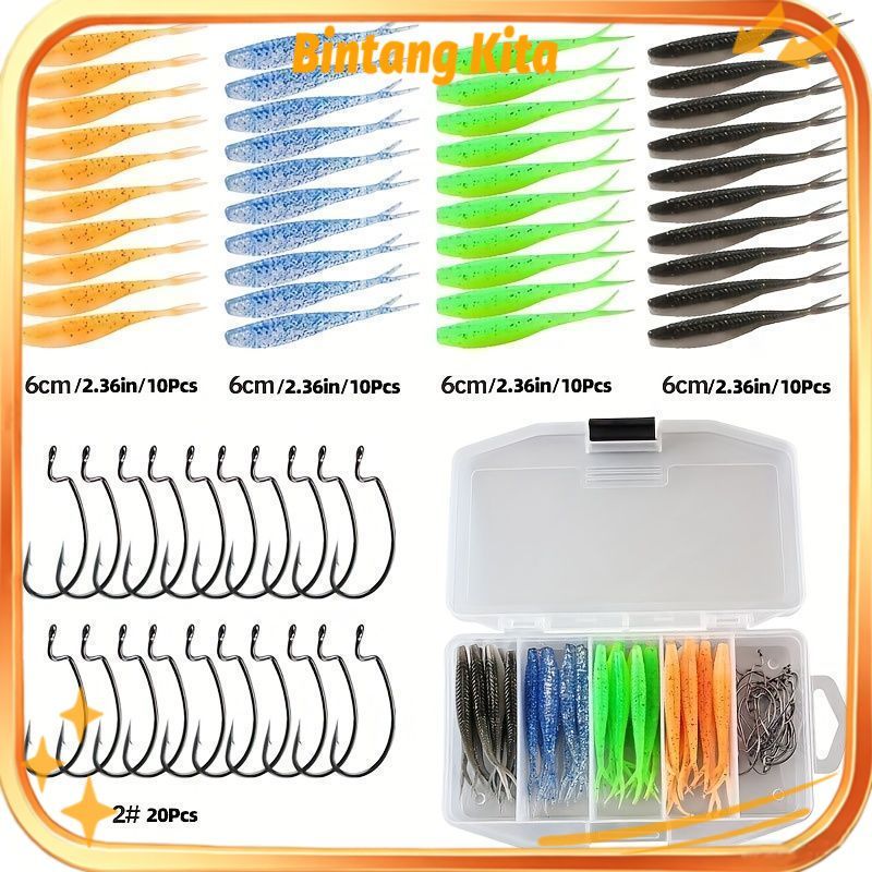 61Pcs Umpan Soft Lure 1 Set Box, Kotak Umpan Pacning Ikan Umpan Pancing Tiruan Bentuk Ikan Bahan Kar