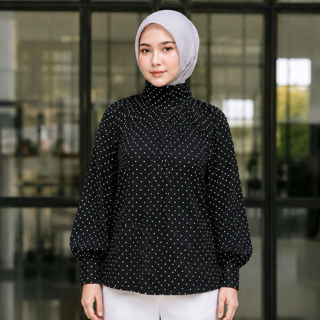Atasan Polkadot Wanita Batwing Rayon Twill Nyaman, Adem, Cocok Harian & Kerja