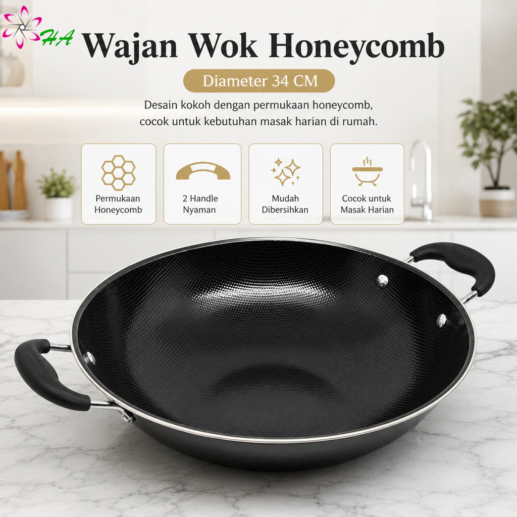 Wajan Wok Honeycomb 34CM – Wajan Masak Serbaguna 2 Handle Anti Lengket Premium