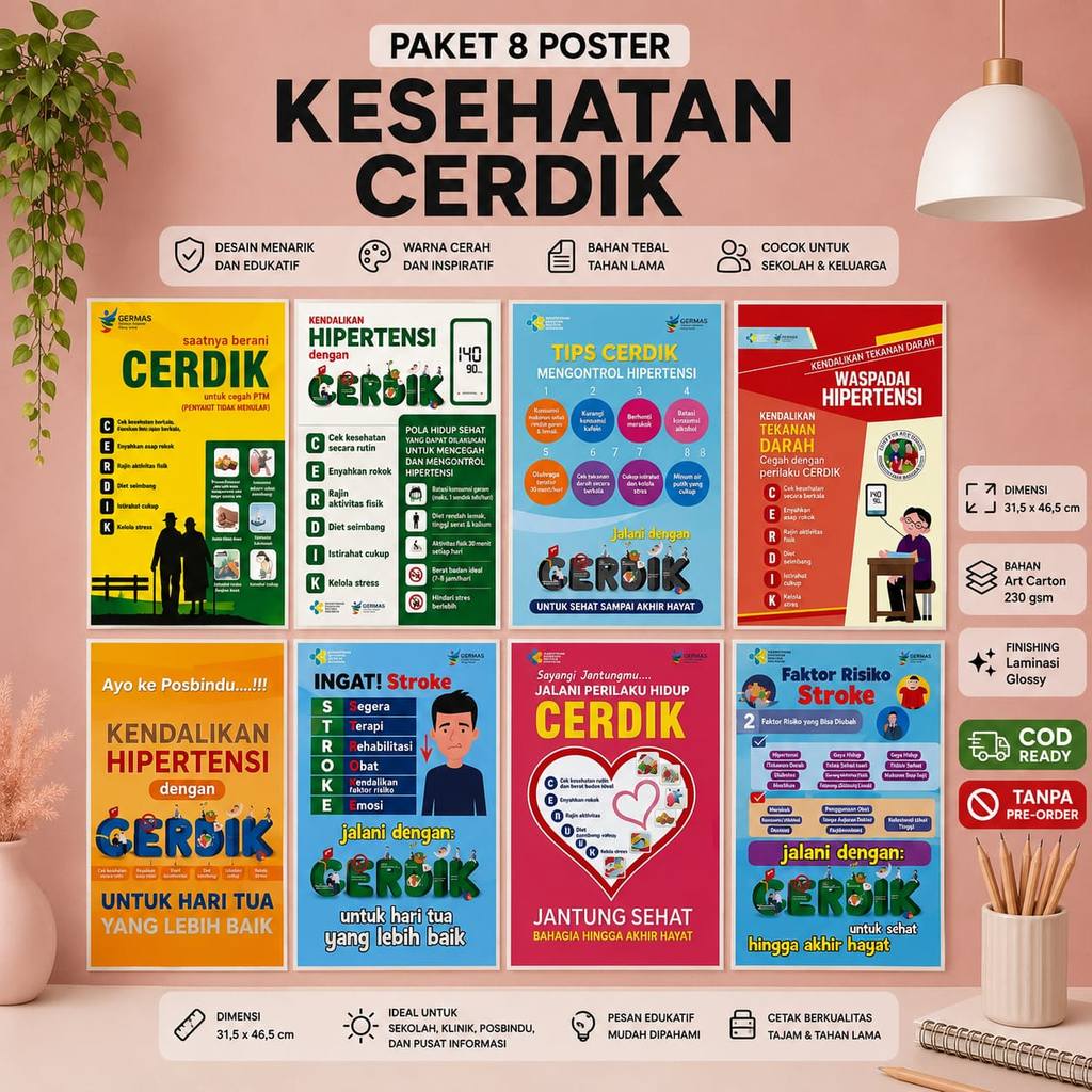 Paket Hemat - Paket 8 Poster CERDIK - Poster Tema Penyakit - Paket PTM - Penyakit Tidak Menular