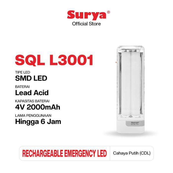 Surya SQL L3001 Lampu Emergency LED 30 SMD Rechargeable Putih Baterai 2000mAh Cahaya Nyaman di Mata 