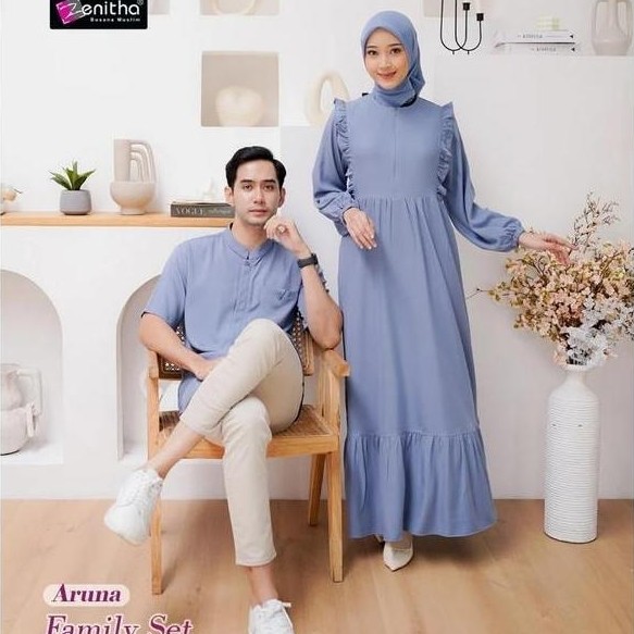 Stile- Zenitha - Aruna Denim/Caramel Sarimbit Keluarga Lebaran Couple Family Set Baju Muslim Ruffle 