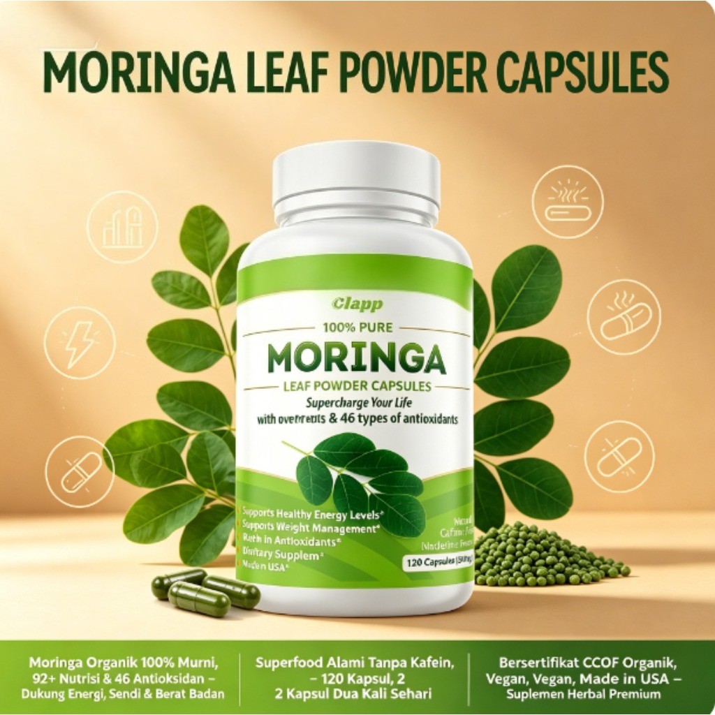Clapp Moringa Organik 100% Murni Tanpa Kafein Bantu Manajemen Berat Badan & Peradangan Sehat 120 Kap