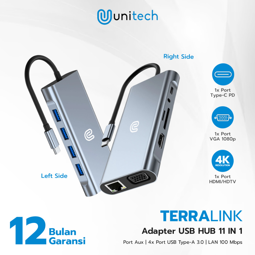 USB HUB Converter Type C HUB 3.0 4K HDMI & VGA + LAN - Card Reader | 11 in 1 - TerraLink | Unitech