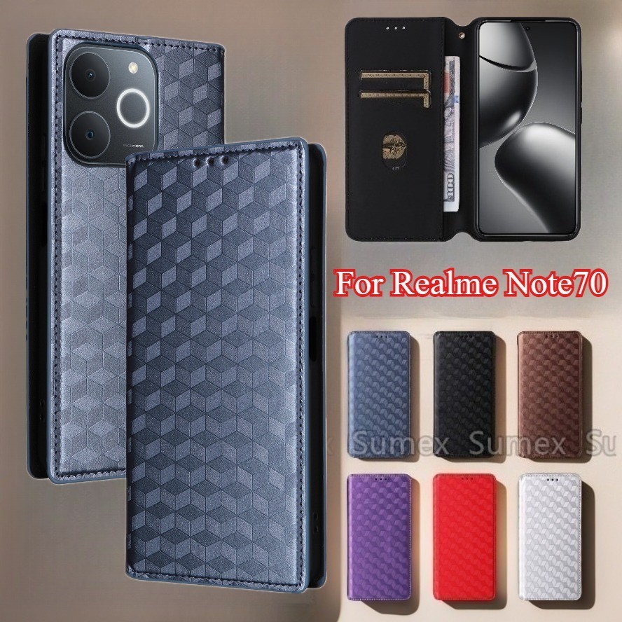 Casing Flip Kulit Magnetik Lattice untuk Realme Note70 Note 70 4G, Stand Holder, Slot Kartu, Dompet,