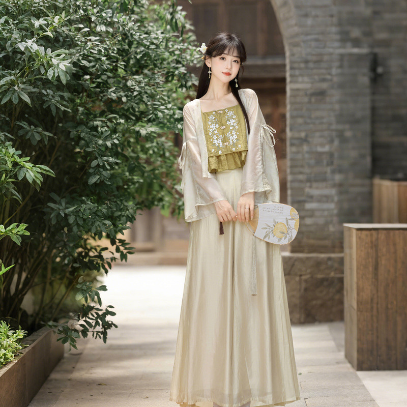 Hanfu gaya Tiongkok baru, setelan pakaian luar wanita gaya Tiongkok modern dan celana suspender.