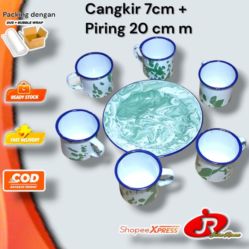 Bake|| Cangkir & Piring Blirik 6pcs + 6pcs | Gelas Seng Jadul 7cm & Piring 20cm Vintage | Set Makan 