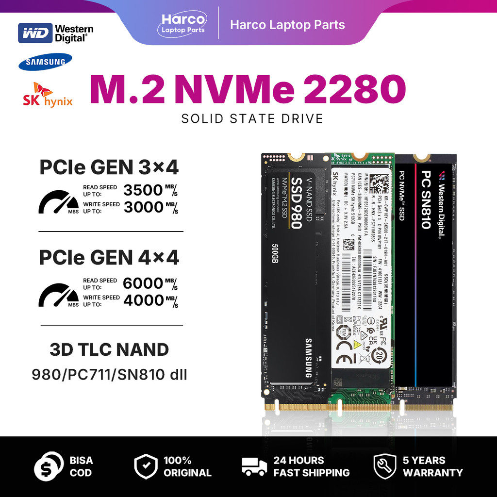 SSD Samsung 980 & WD/SK hynix/Micron 500GB-512GB 1TB M.2 NVMe 6000MB/s Tahan Lama Garansi V-NAND TLC