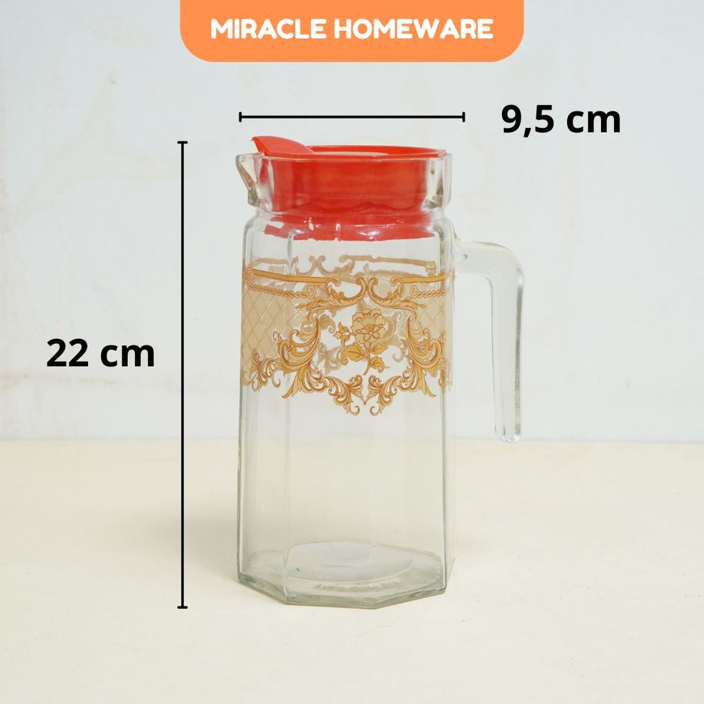 Teko Kaca Motif Gold Tutup Merah Pitcher Kaca Serbaguna