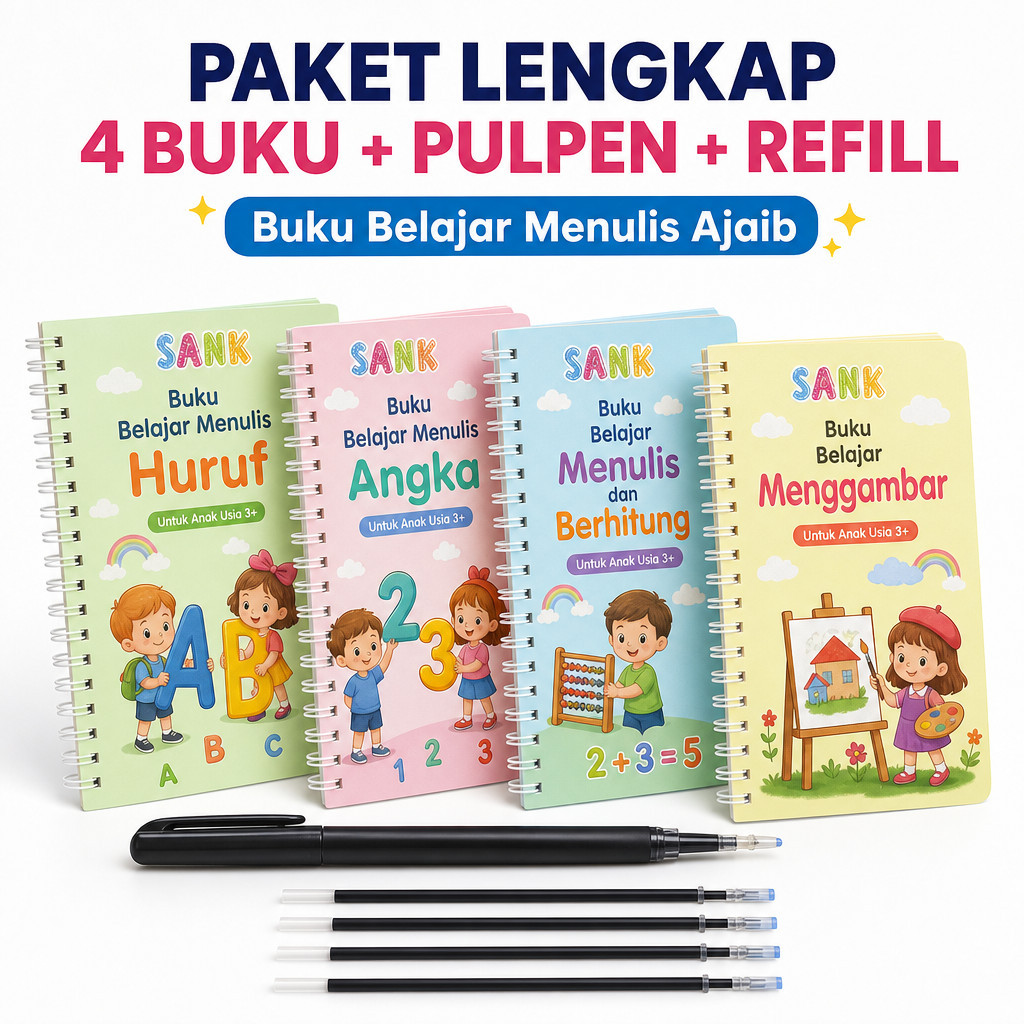 [FS GROSIR] SANK Magic Practice Book 1 SET ISI 4 BUKU + PULPEN // Buku Belajar Menulis Huruf Dan Ang