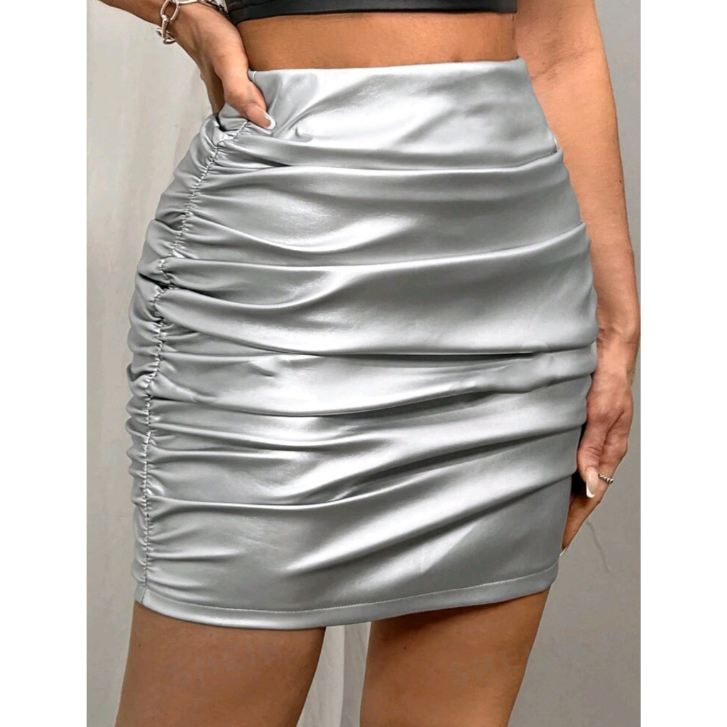 Rok SXY Plain Color PU Leather Pleated Sexy Mini Concert Outfit