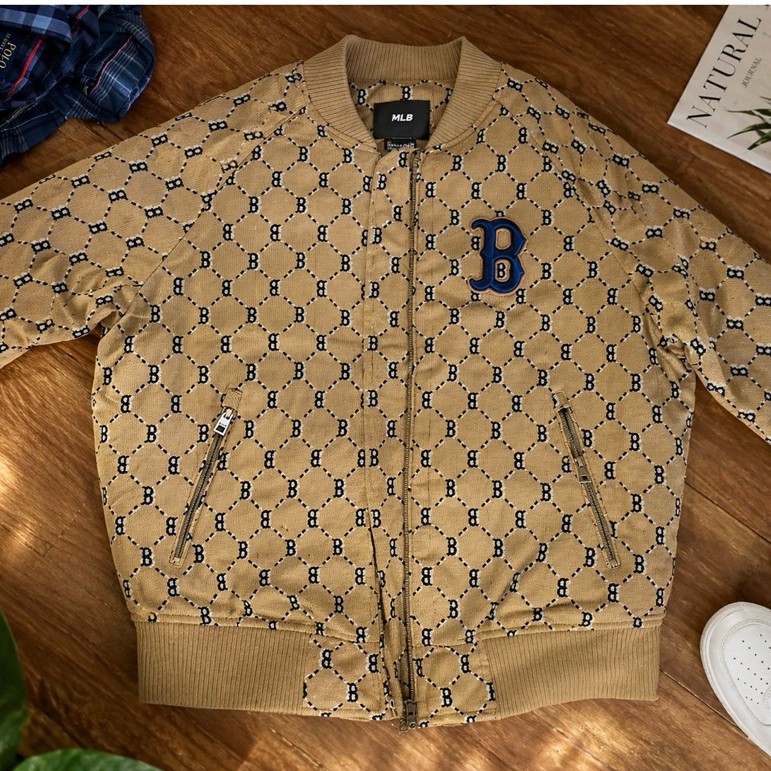 Jaket Bomber MLB Monogram Beige Unisex Premium Korea Style Streetwear Pria Wanita