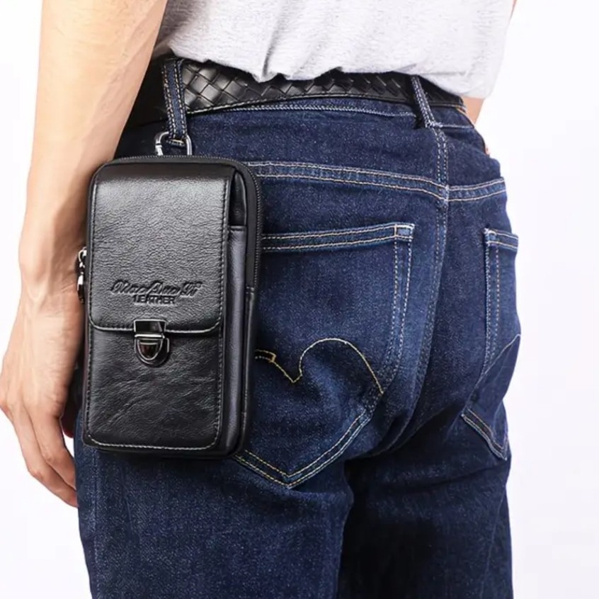Dompet Hp Pinggang Kulit Import Hitam Pria Sarung Hp