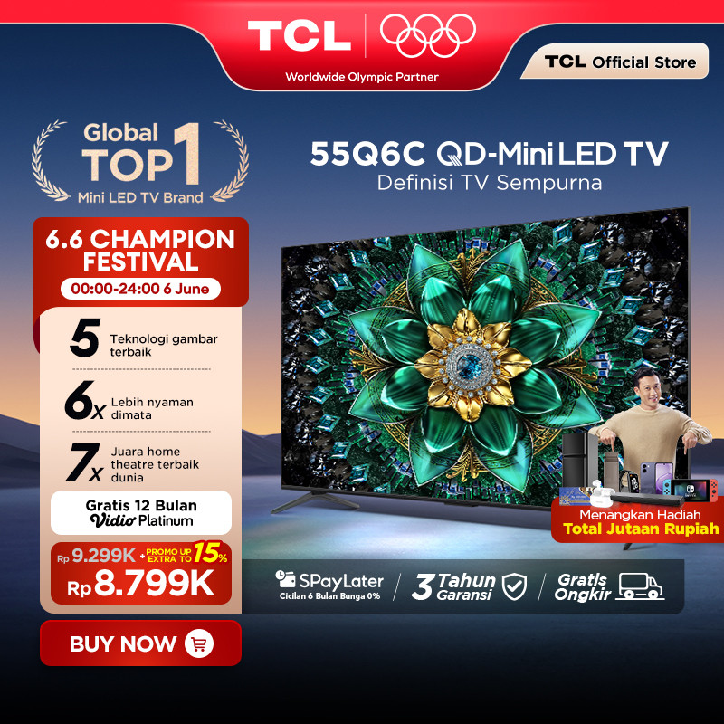 TCL 55 Inch QD-Mini LED TV Q6C - AiPQ Pro Processor - 6in1 Healthy Eye care - 144Hz - Smart Android 