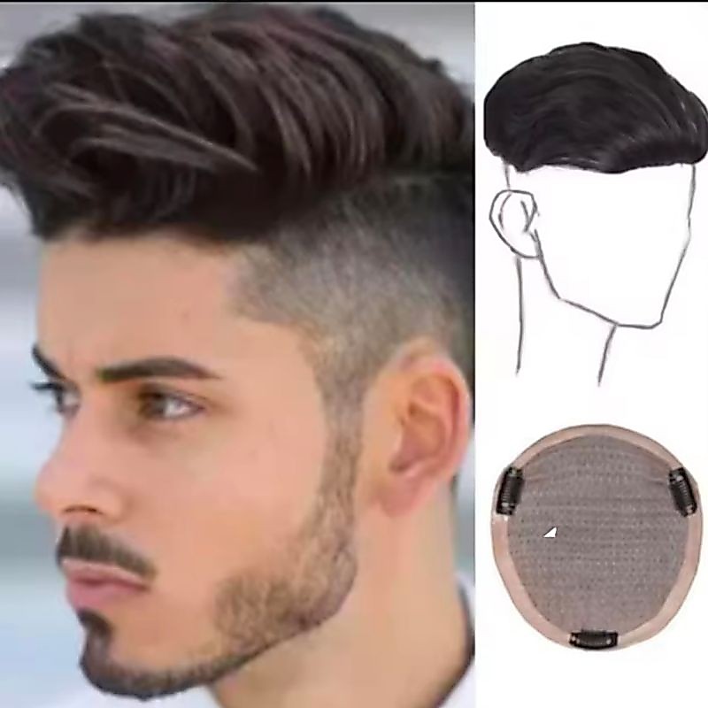 Toupee Pria Rambut Jabrig ke Atas Wig Tipis Penebal Rambut Atas Model Rambut Ke Belakang Warna Hitam
