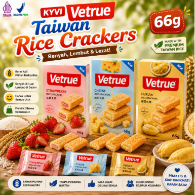 Vetrue Stuffed Rice Crackers 66g Durian Strawberry Keju Snack Taiwan Renyah HALAL