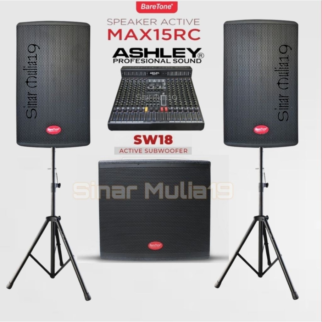 Paket SoundSystem Live Musik Speaker Aktif BareTone MAX15RC Subwoofer  Inch BareTone SW Mixer 12 Ch 